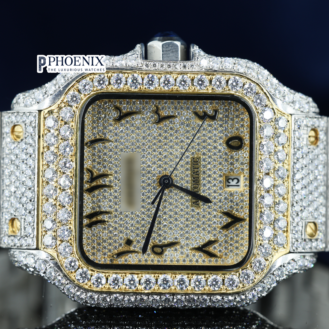 Cartier Santos Silver Gold Dial Arabic Numerals Iced Out Moissanite Diamond Watch