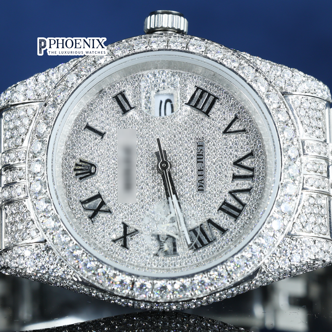 Rolex White Dial Black Roman Numerals Fully Iced Out Moissanite Watch