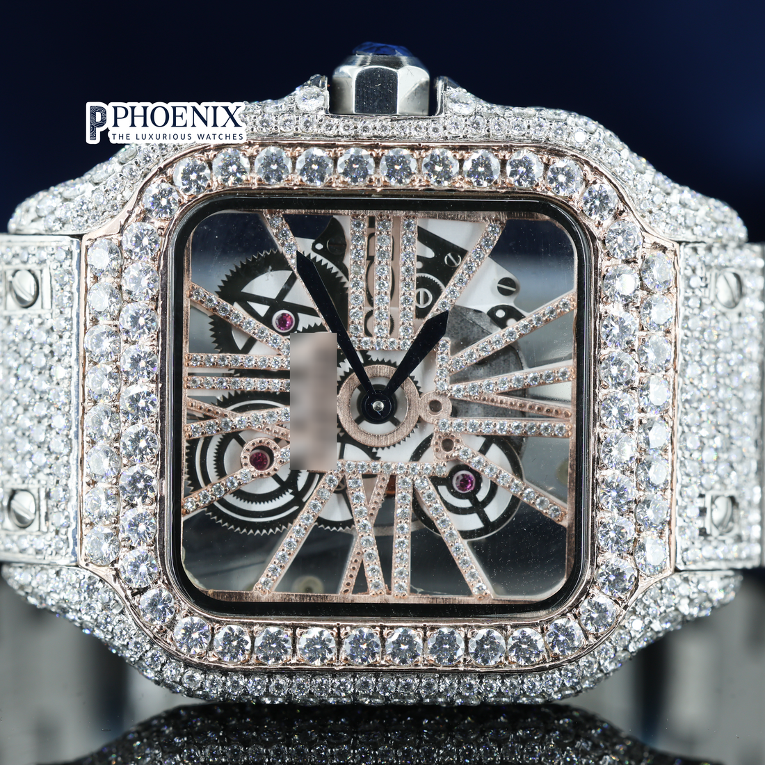 Cartier Fully Iced Out Skeleton Dial Rose Gold Diamond Bar Strap Moissanite Watch