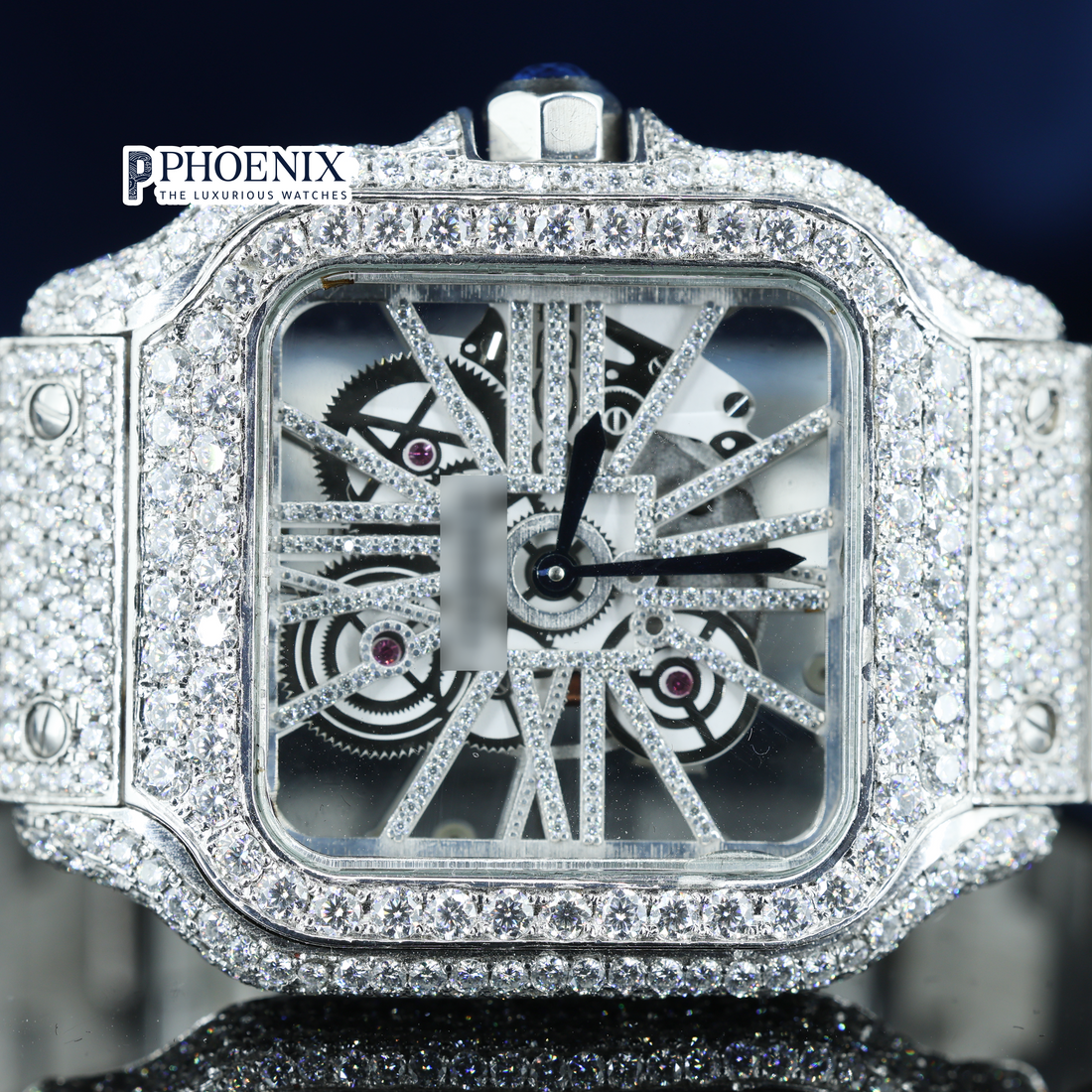 Cartier Fully Iced Out Skeleton Dial Silver Gold Diamond Bar Strap Premium Moissanite Diamond Watch