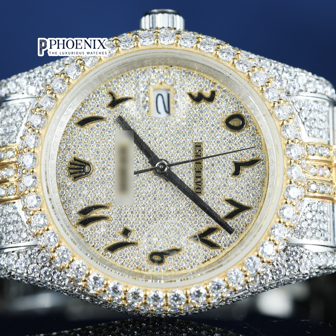 Rolex Diamond Bezel Arabic Gold Dial Two Tone Iced Out Moissanite Watch