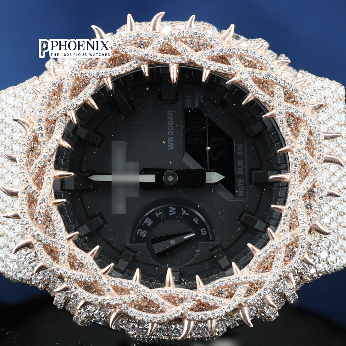 Gshock Throne Sports Edition Rose Gold Tone Moissanite Diamond Digital Dial Iced Out Watch