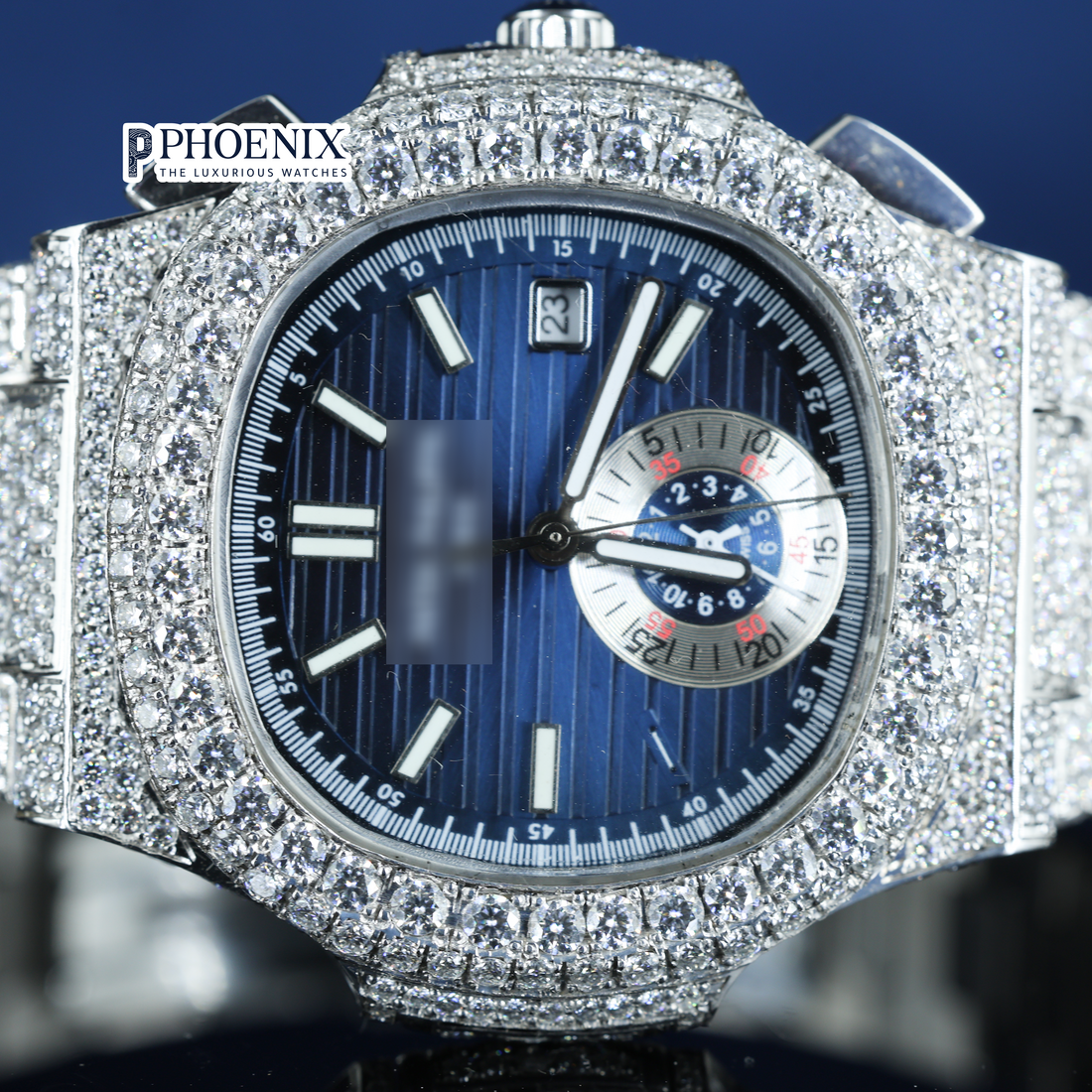 Patek Philippe Fully Iced Out Blue Dial Diamond Markers Chronograph Moissanite Diamond Watch