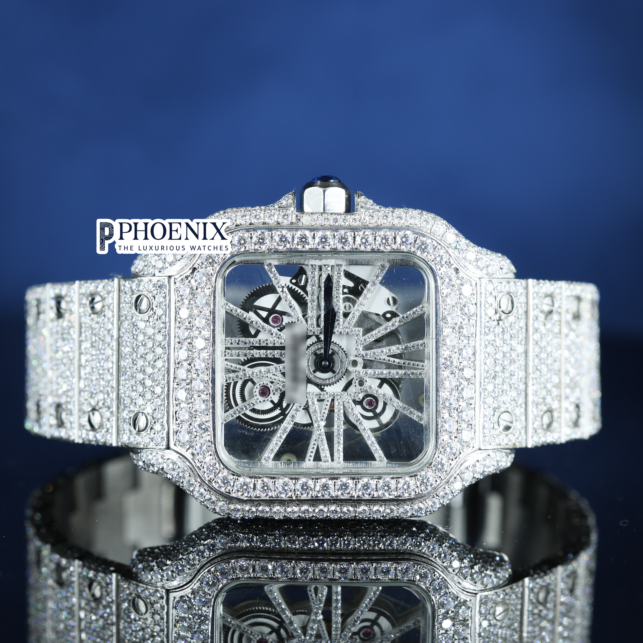 Cartier Fully Iced Out Skeleton Dial White Gold Diamond Bar Strap Moissanite Watch