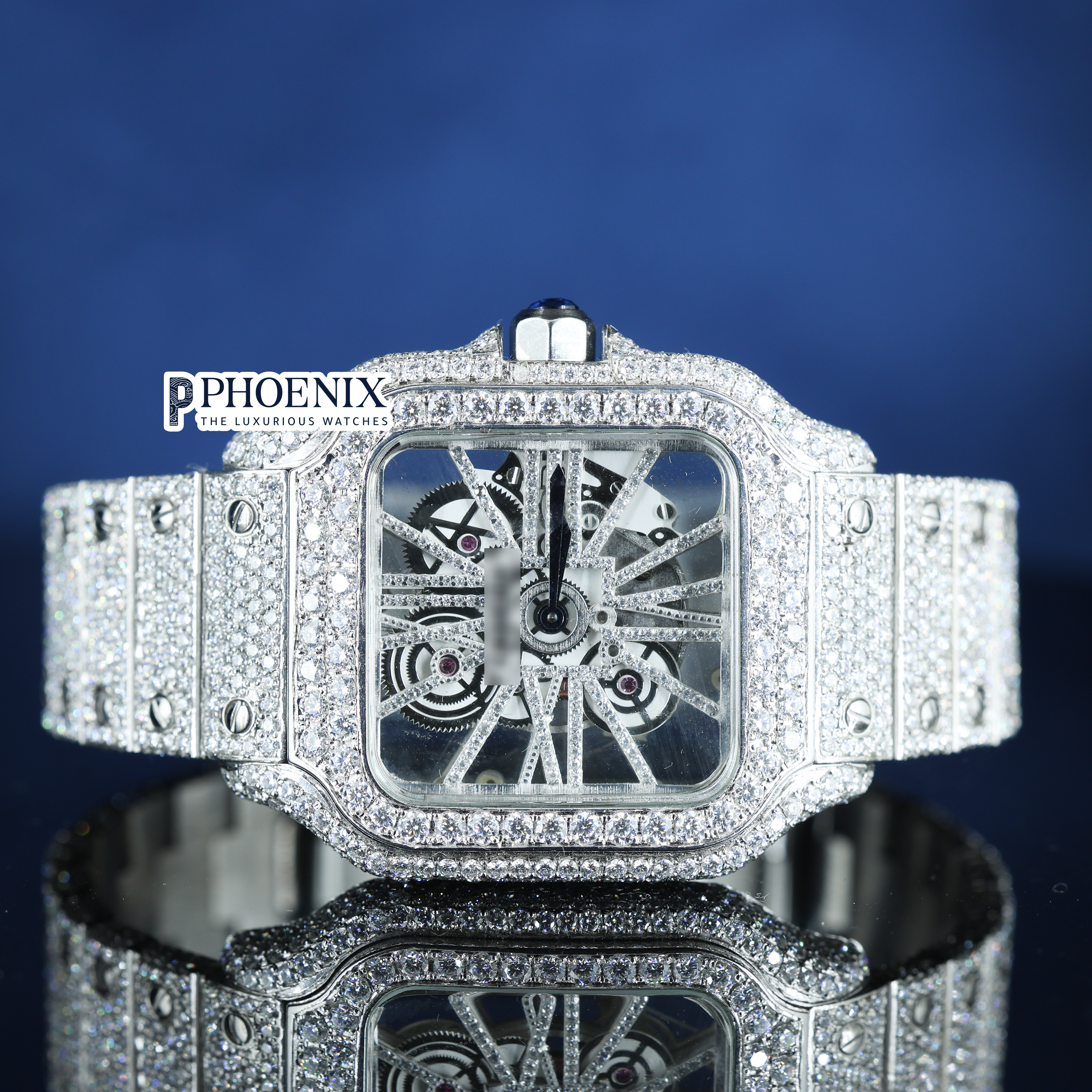 Cartier Fully Iced Out Skeleton Dial White Gold Diamond Bar Strap Moissanite Watch