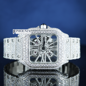 Cartier Fully Iced Out Skeleton Dial White Gold Diamond Bar Strap Moissanite Watch