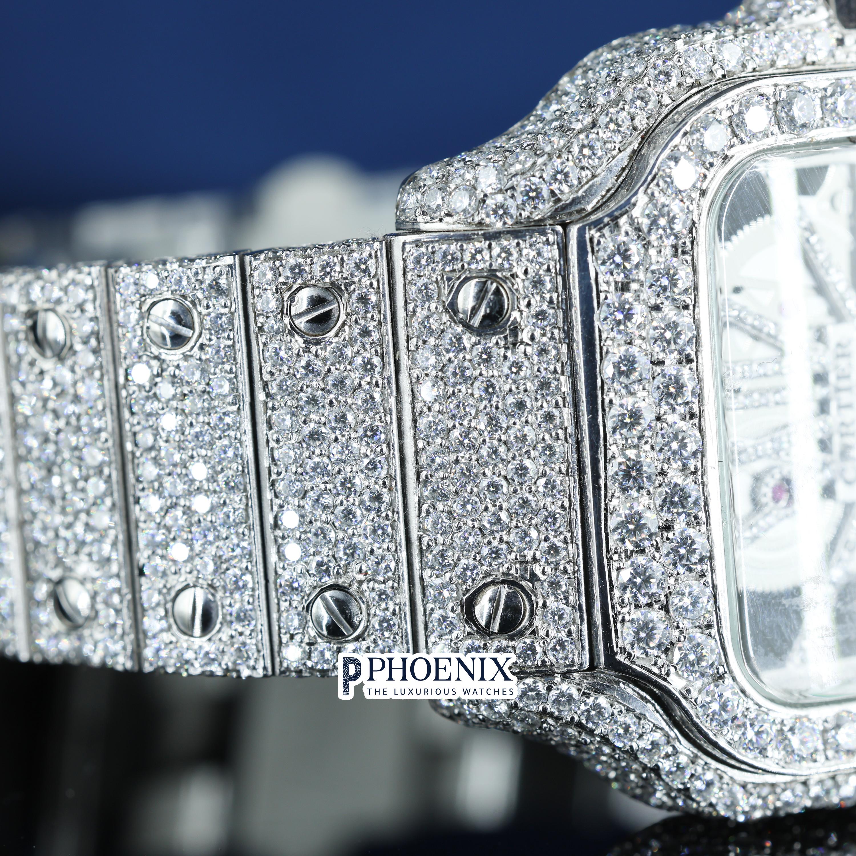 Cartier Fully Iced Out Skeleton Dial White Gold Diamond Bar Strap Moissanite Watch