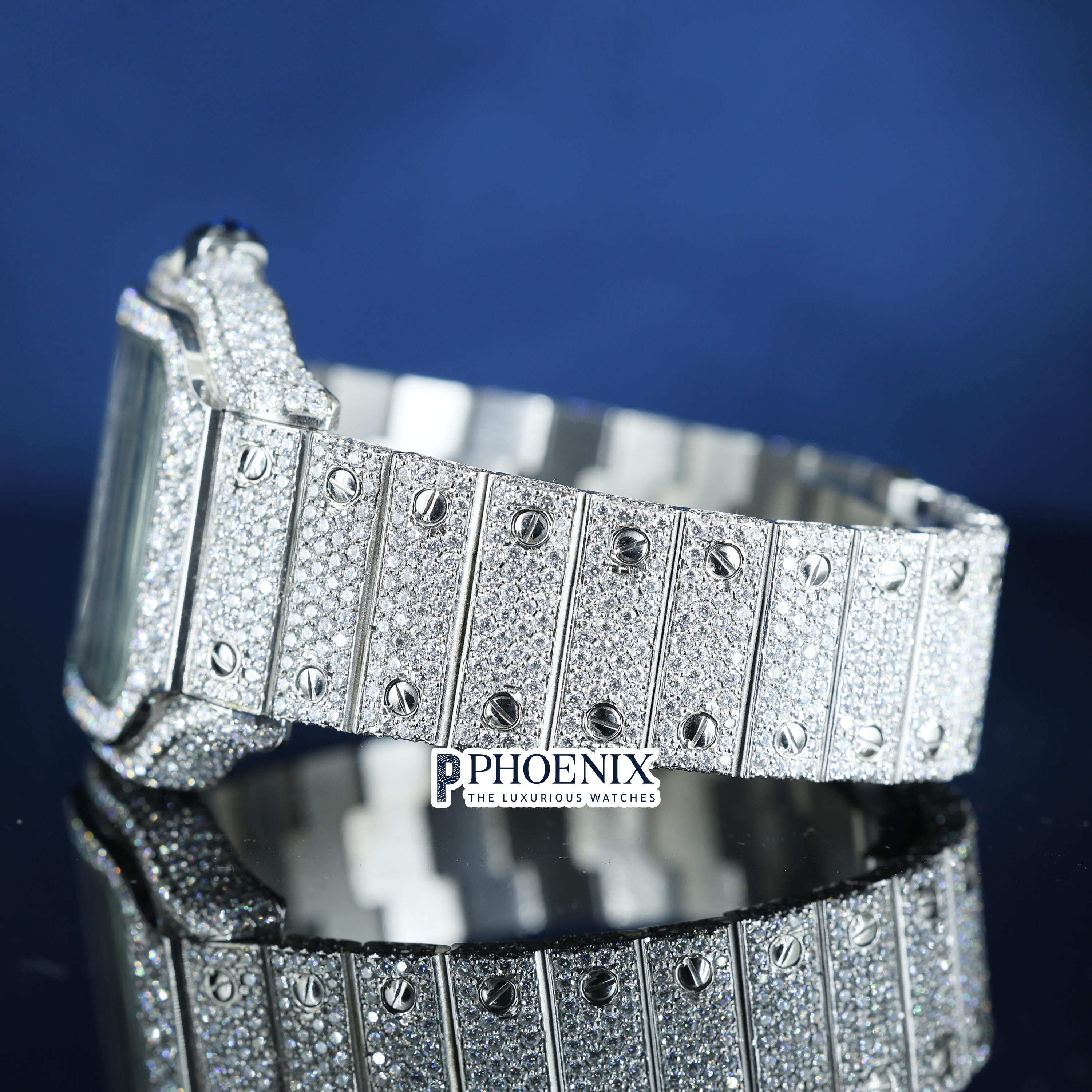 Cartier Fully Iced Out Skeleton Dial White Gold Diamond Bar Strap Moissanite Watch