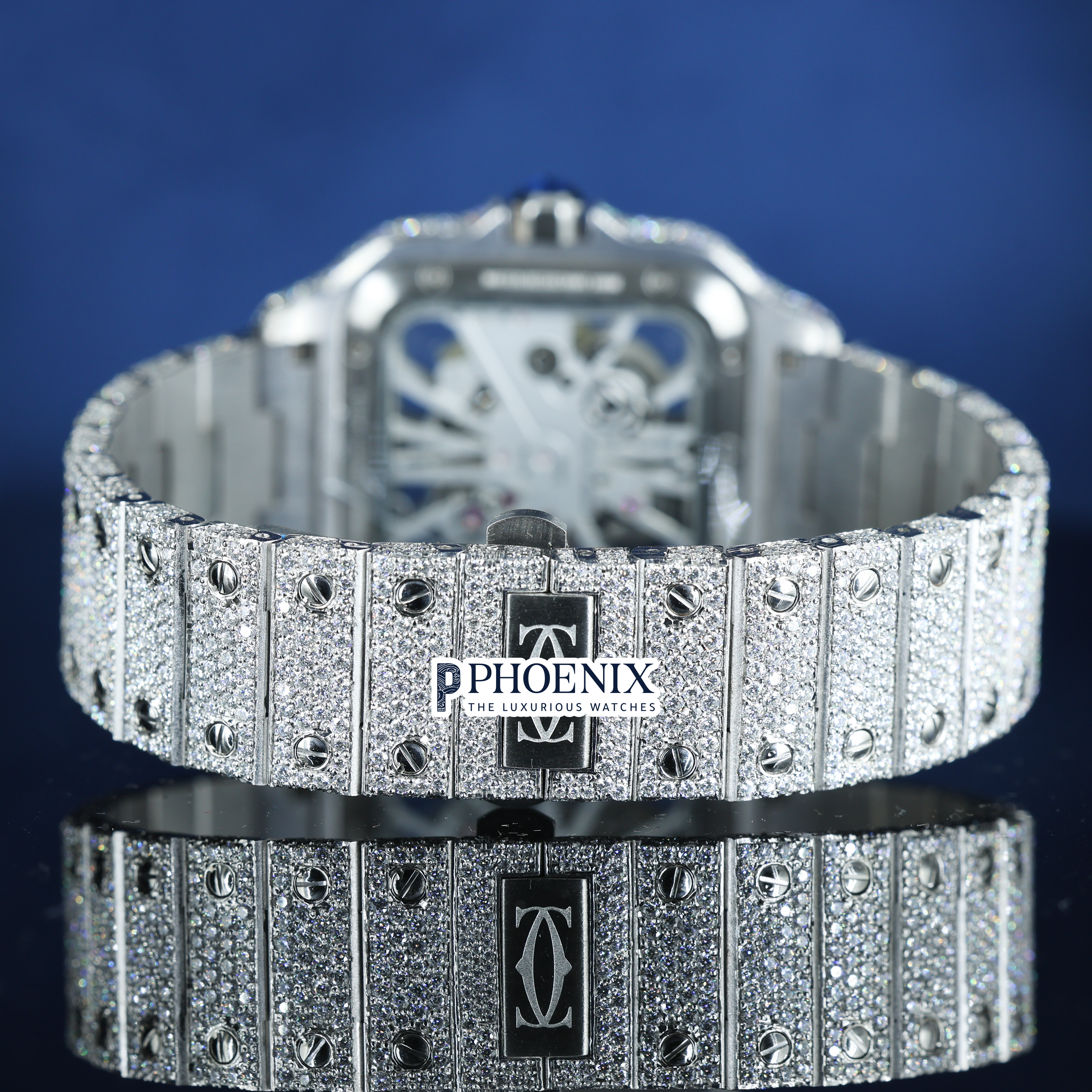 Cartier Fully Iced Out Skeleton Dial White Gold Diamond Bar Strap Moissanite Watch