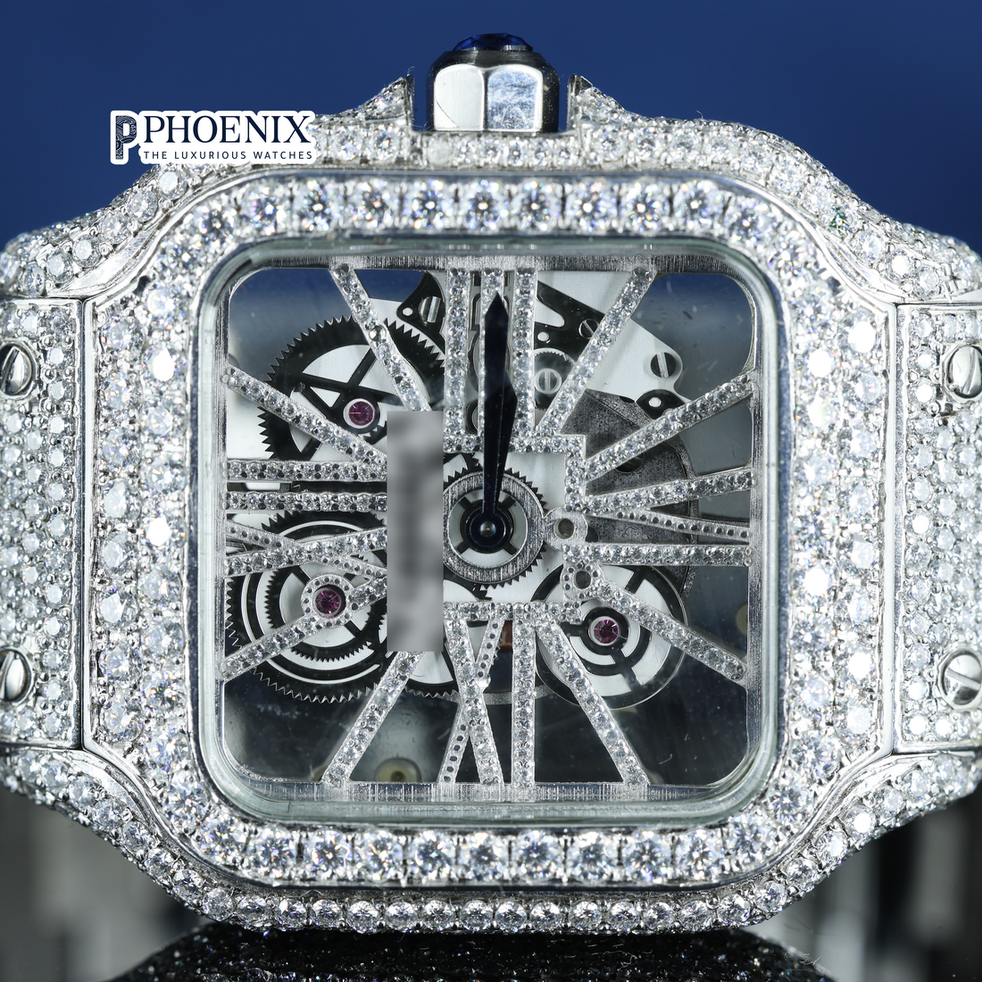 Cartier Fully Iced Out Skeleton Dial White Gold Diamond Bar Strap Moissanite Watch