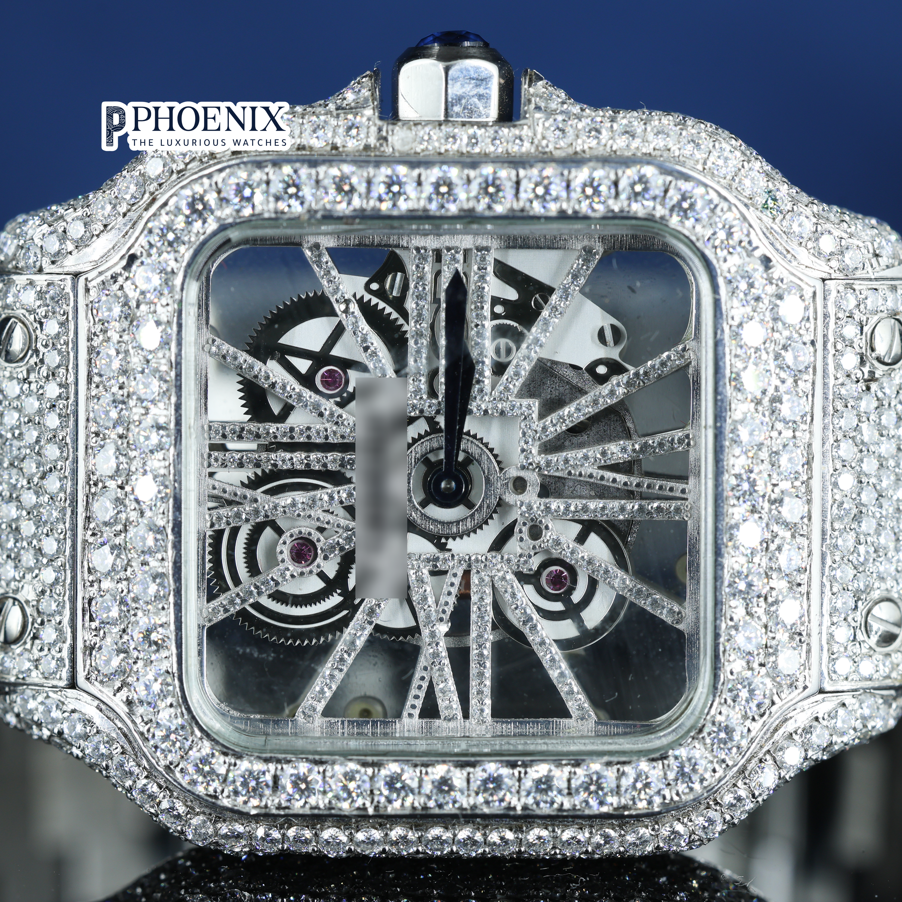Cartier Fully Iced Out Skeleton Dial White Gold Diamond Bar Strap Moissanite Watch