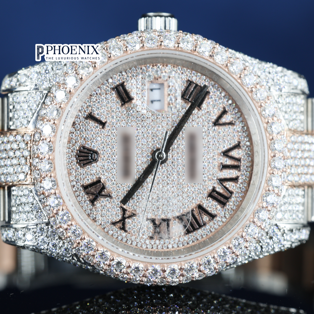 Rolex Diamond Bezel Roman Dial Rose Gold Two Tone Iced Out Moissanite Watch