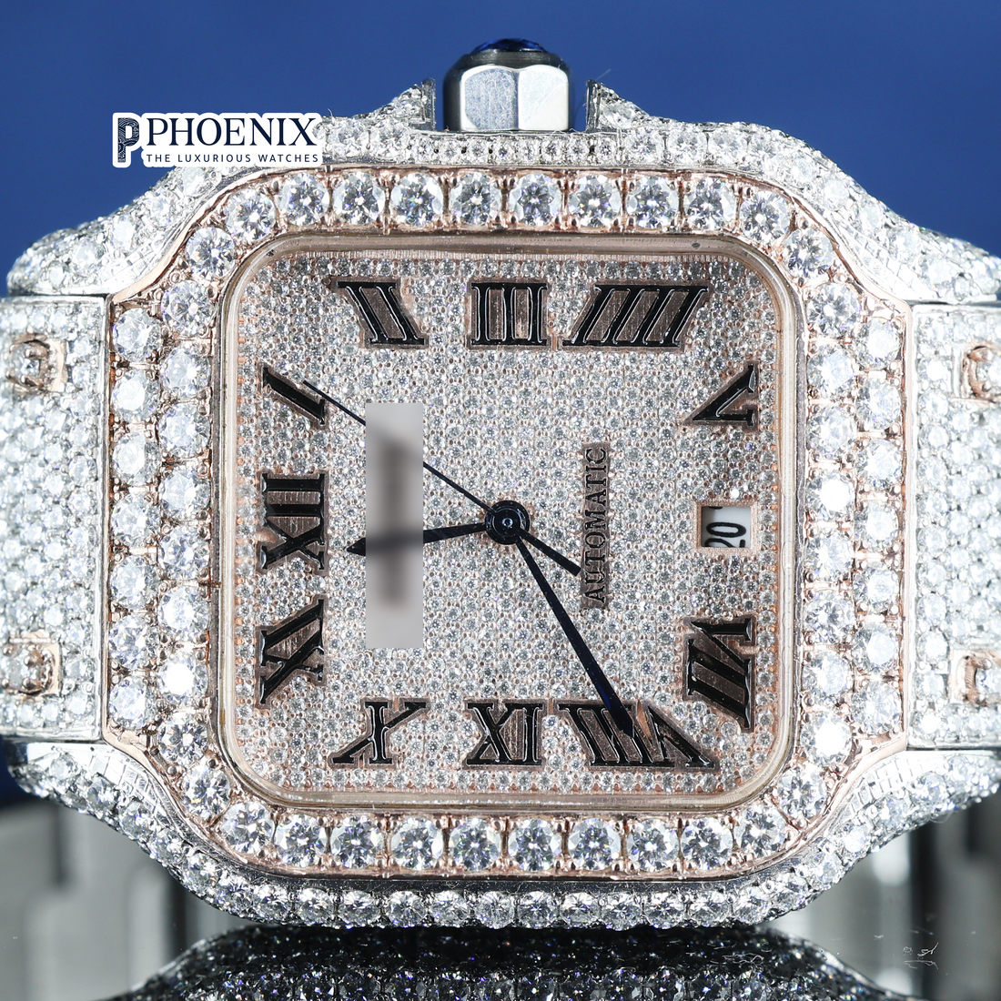 Cartier Santos Rose Gold Dial Roman Numerals Iced Out Moissanite Diamond Watch
