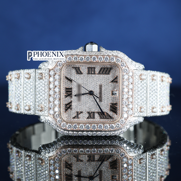 Cartier Santos Rose Gold Dial Roman Numerals Iced Out Moissanite Diamond Watch