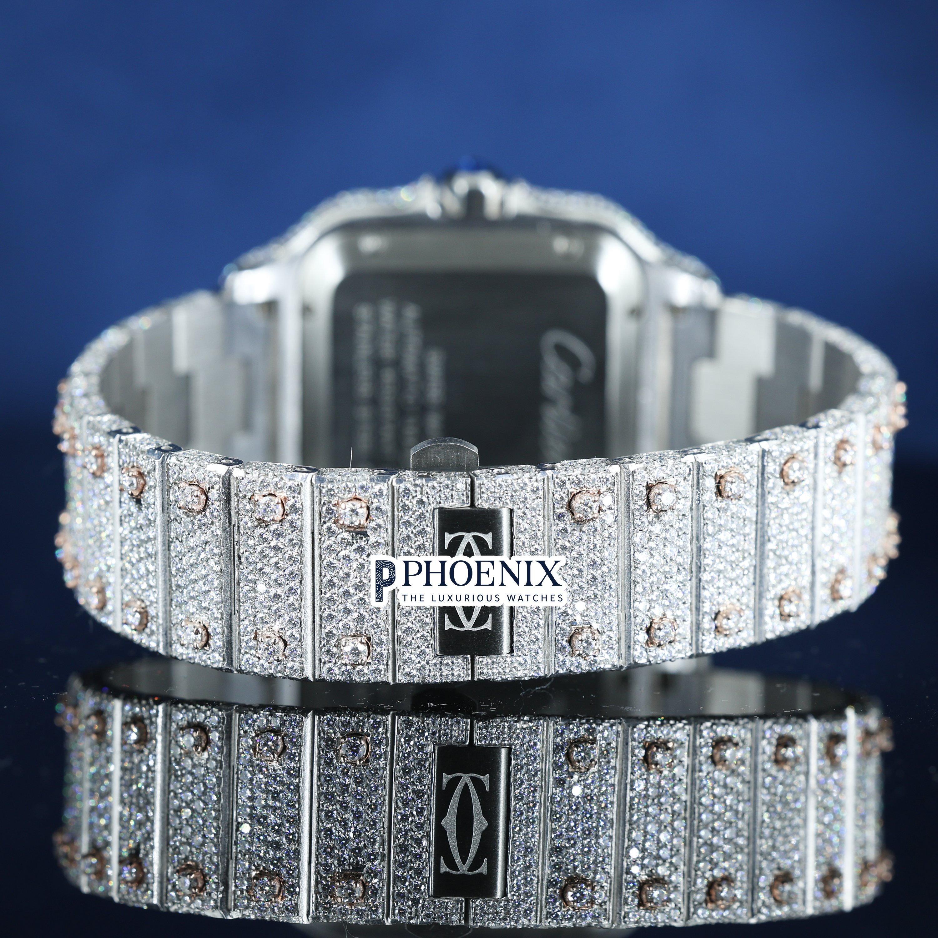 Cartier Santos Rose Gold Dial Roman Numerals Iced Out Moissanite Diamond Watch