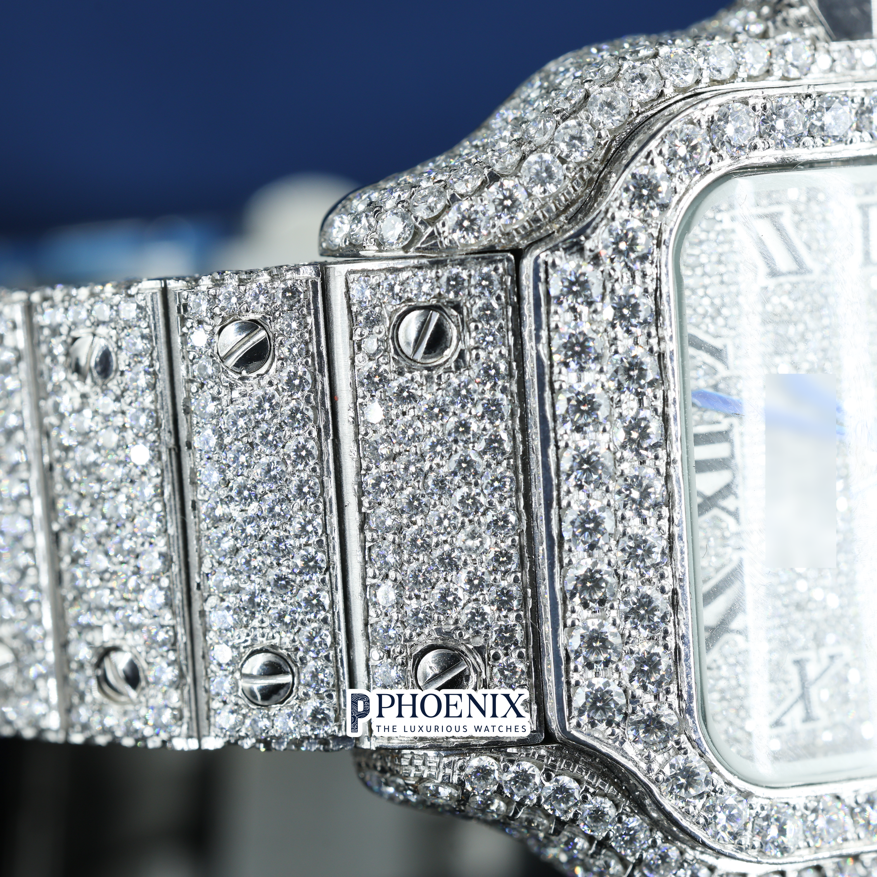 Cartier Santos Fully Iced Out White Roman Dial Block Link Strap Moissanite Watch