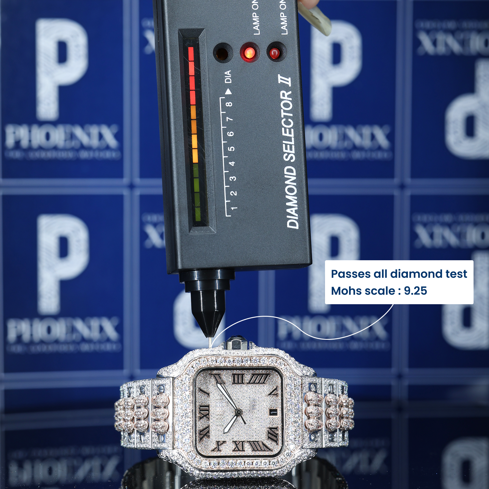 Cartier Santos Fully Iced Out Dual Tone Yellow Gold And White Gold Roman Dial Block Link Strap Moissanite Diamond Watch