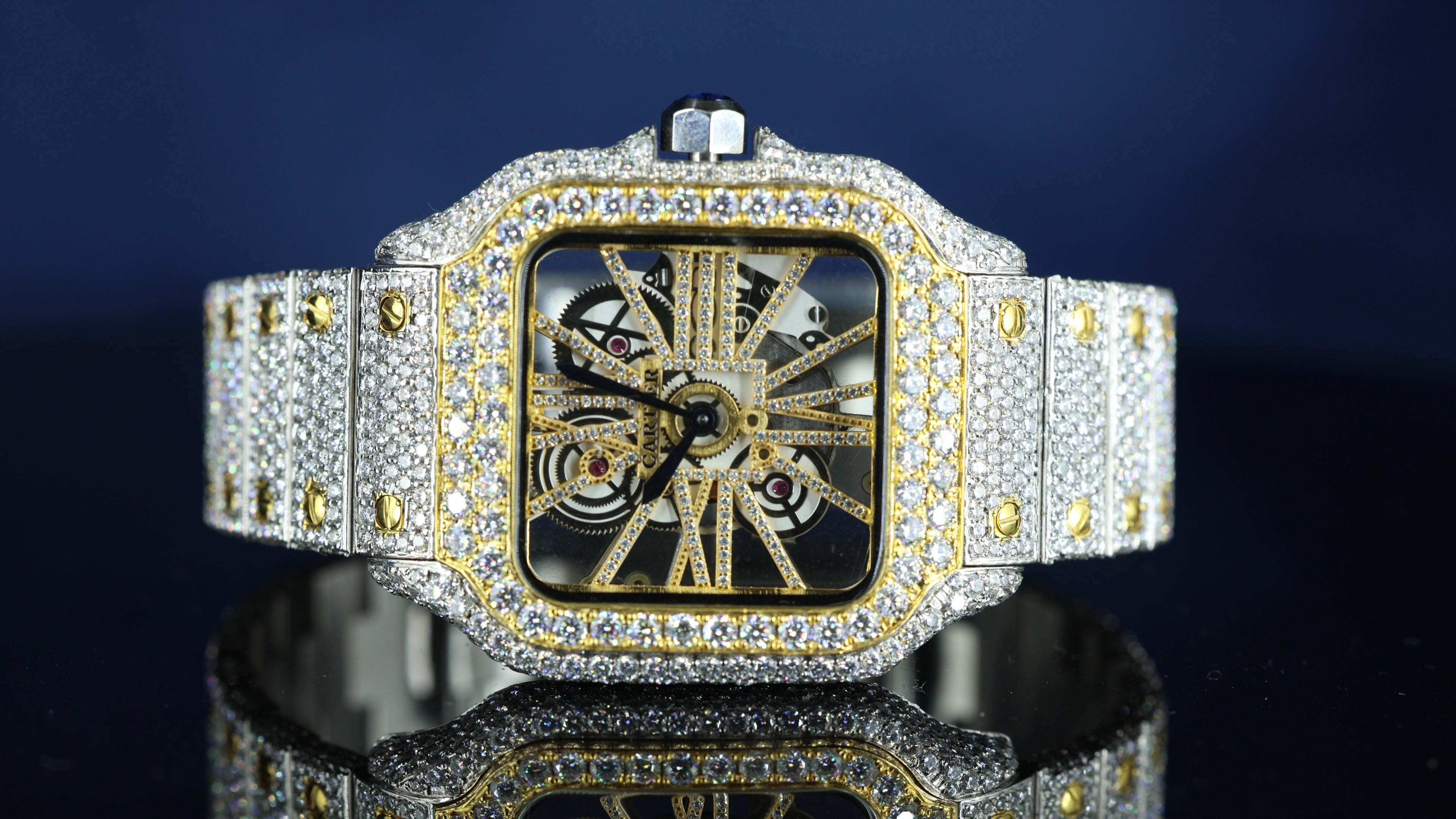 Cartier Santos Fully Iced Out Dual Tone Yellow Gold And White Gold Roman Dial Block Link Strap Moissanite Diamond Watch