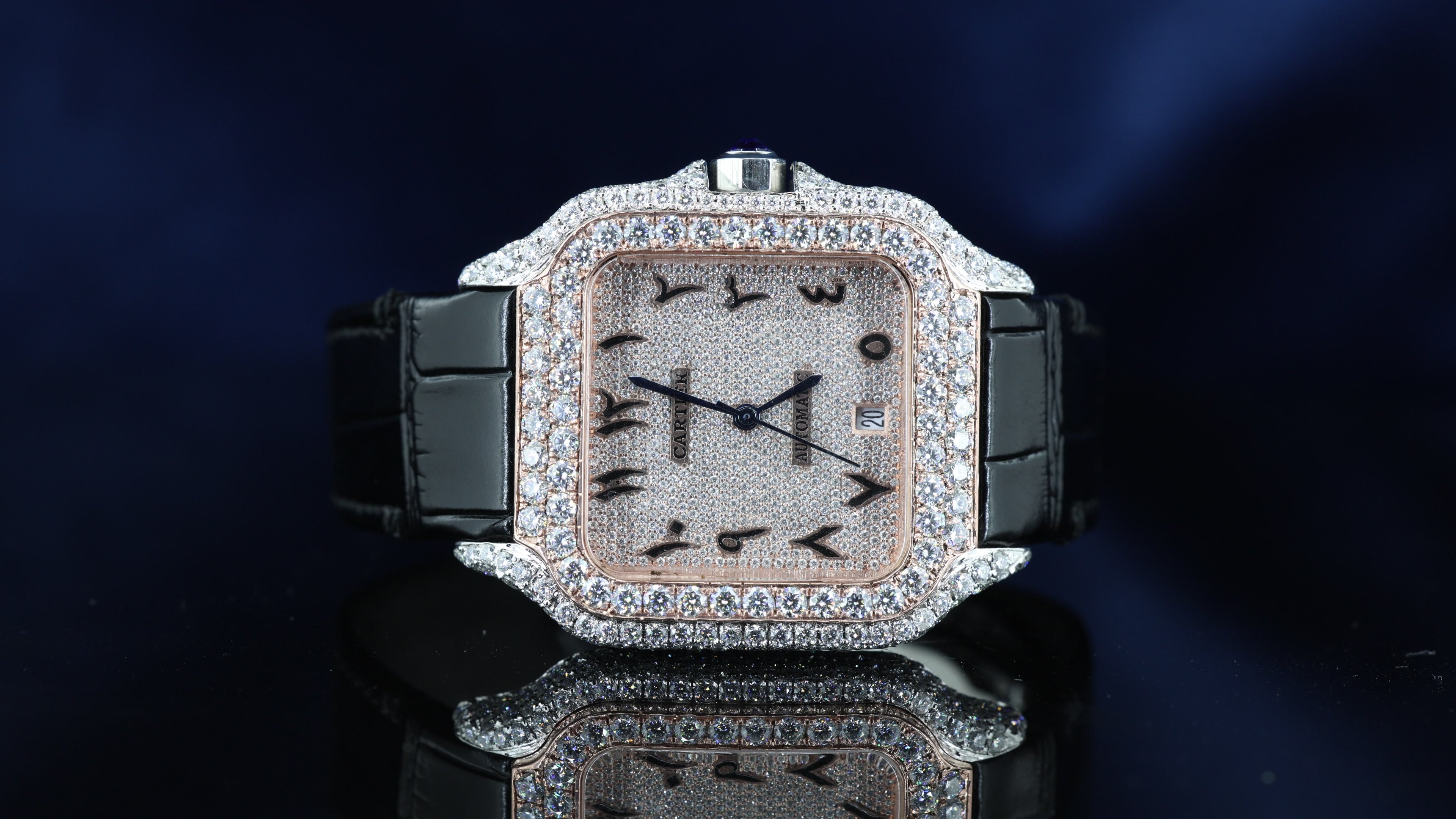 Cartier Semi Iced Out Diamond Arabic Dial Rose Gold Mossainite Diamond Watch