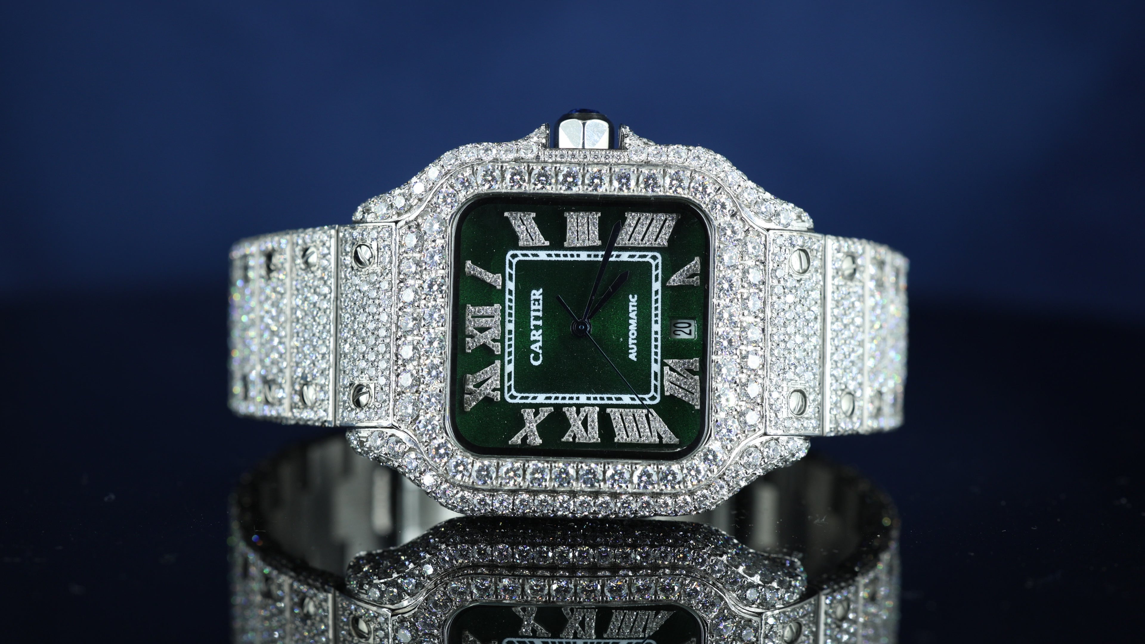 Cartier Fully Iced Out Green Dial White Roman Numerals Full Iced Out Moissanite Watch