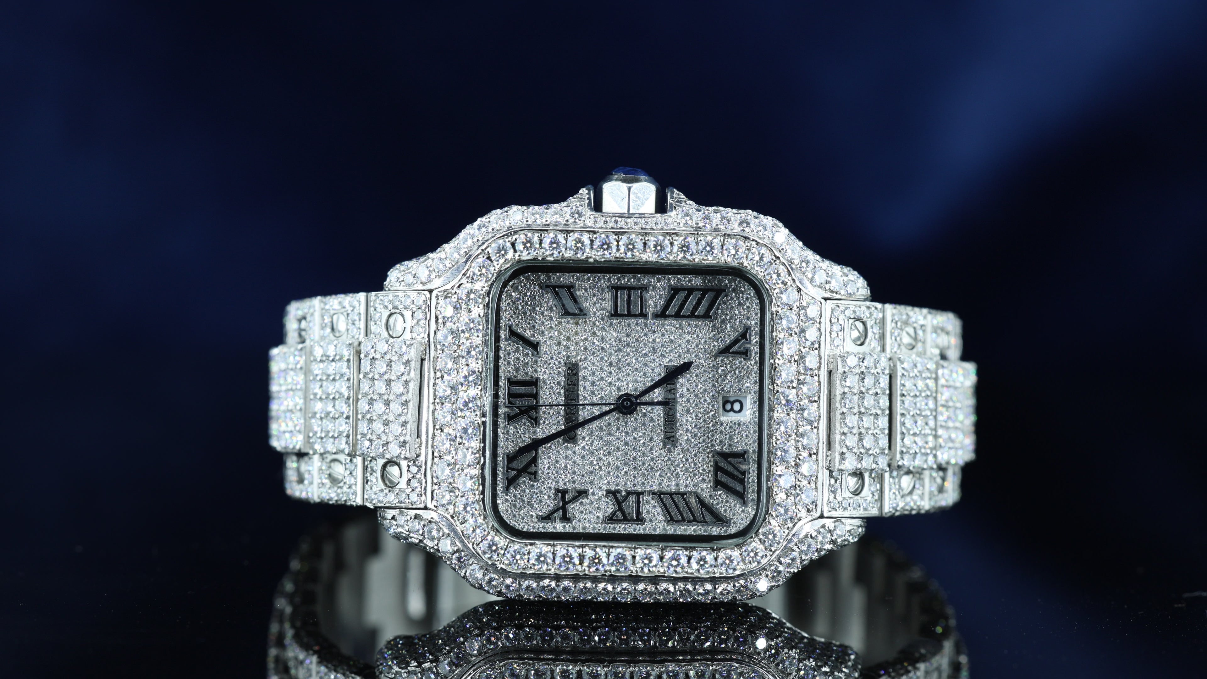 Cartier Santos Fully Iced Out White Roman Dial Block Link Strap Moissanite Diamond Watch