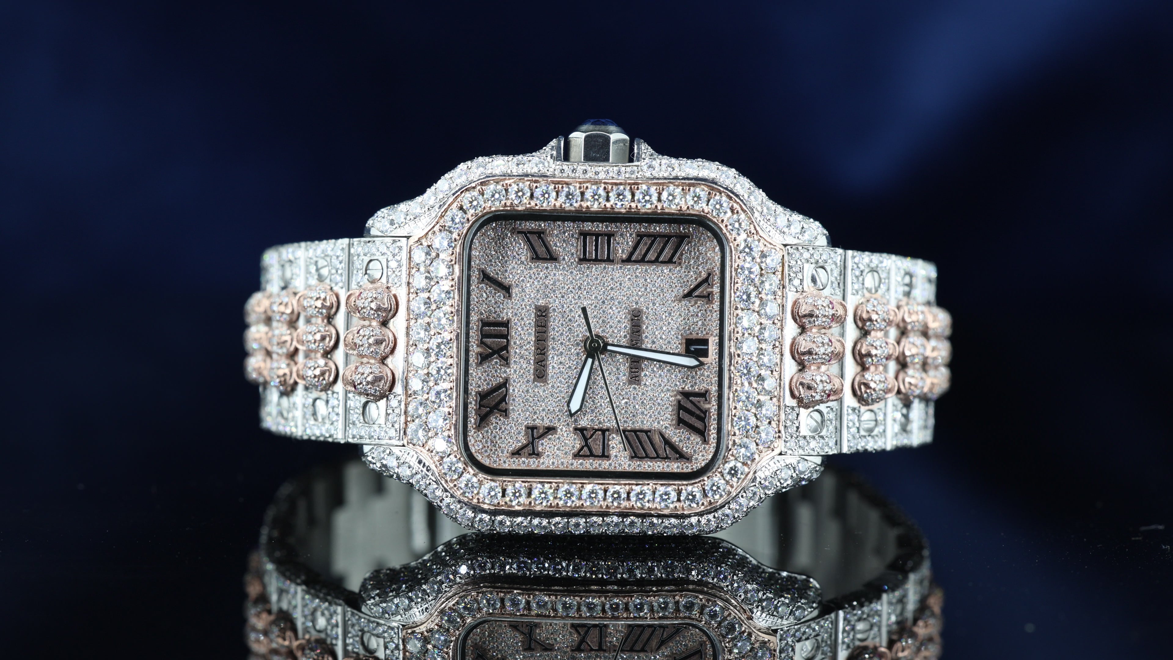 Cartier Santos Black Roman Numerals Dial Two Tone Block Link Strap Moissanite Watch