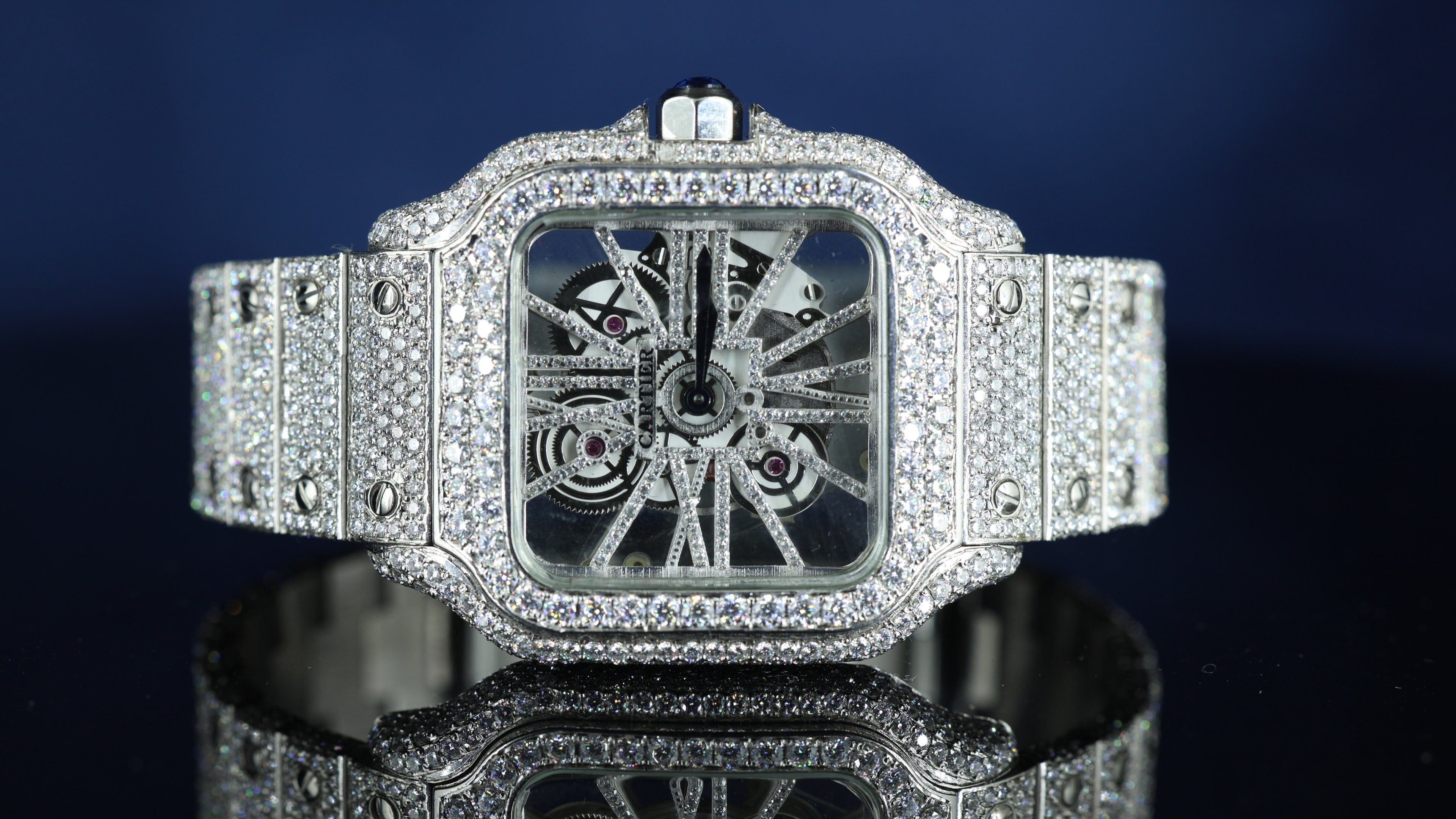 Cartier Fully Iced Out Skeleton Dial White Gold Diamond Bar Strap Moissanite Watch