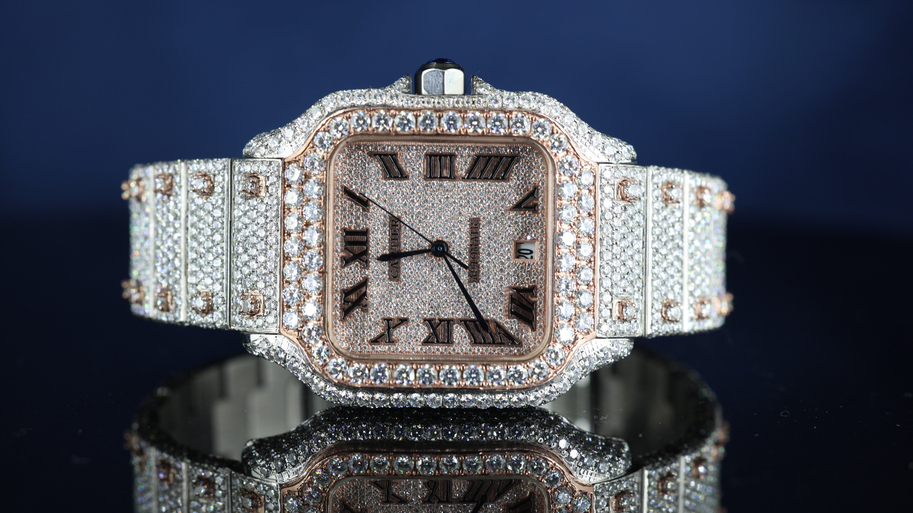 Cartier Santos Rose Gold Dial Roman Numerals Iced Out Moissanite Diamond Watch